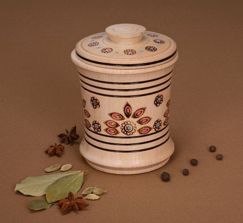 Wooden handmade jar container 10 oz with pattern and lid 0,5 lb - MADEheart.com
