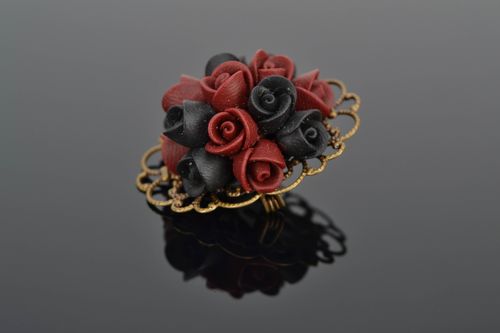 Lacy polymer clay brooch Black Roses - MADEheart.com