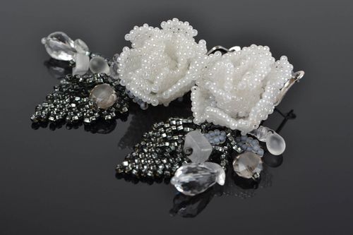 Beautiful handmade designer woven beaded earrings with white roses - MADEheart.com