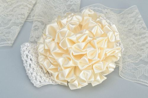 Handmade decorative elastic headband of milky color with flower for baby girl - MADEheart.com