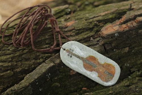 Handmade white long polymer clay pendant necklace with bass viol image on cord - MADEheart.com