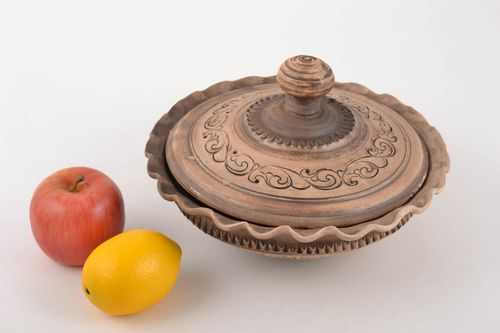 Cuenco hondo de arcilla con tapa hecho a mano 1 litro vajilla de cerámica - MADEheart.com