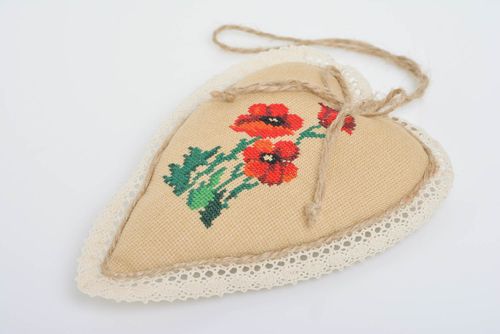 Handmade heart shaped decorative soft fabric wall hanging with embroidery Poppy - MADEheart.com