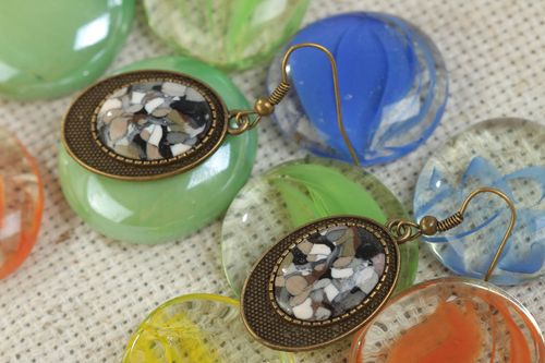 Handmade dark oval polymer clay and metal earrings coated with glass glaze - MADEheart.com
