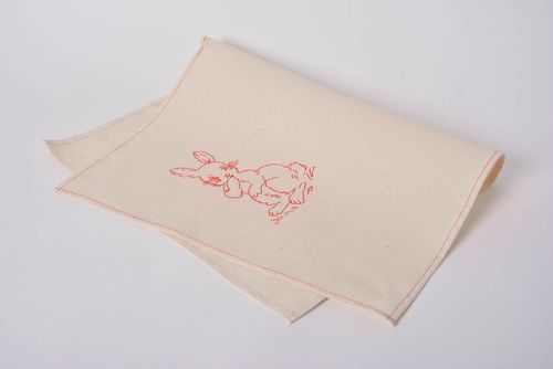 Handmade cute designer beige fabric kitchen dish towel with embroidered rabbit  - MADEheart.com