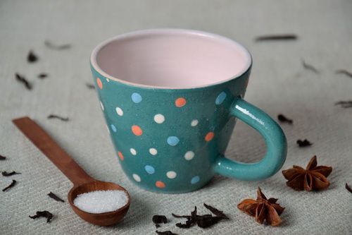 Turquoise porcelain cup with multi-colored dots - MADEheart.com