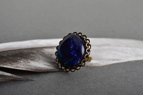 Handmade female blue ring unusual massive ring glass elegant ring for women - MADEheart.com