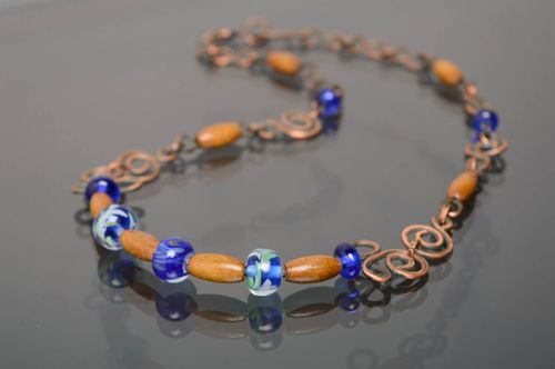 Wire wrap necklace with designer lampwork and wooden beads Venice - MADEheart.com