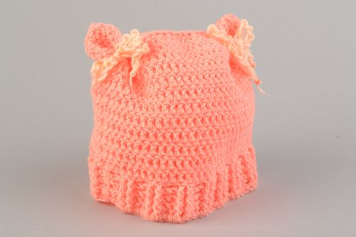 Bonnet rose pour bébé fils acryliques au crochet rose avec oreilles fait main - MADEheart.com