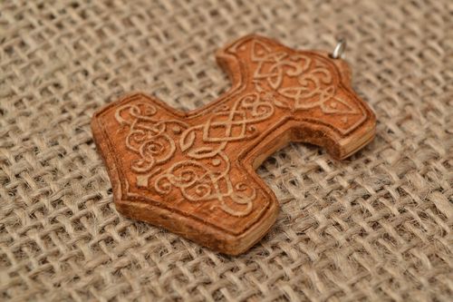Unusual handmade amulet pendant made of wood with ornament Thors hammer - MADEheart.com