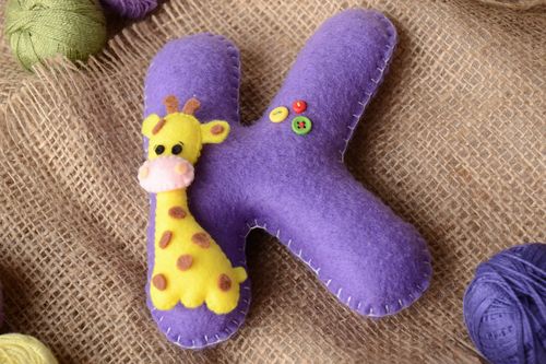 Handmade decorative soft letter K sewn of violet felt with yellow giraffe for kids - MADEheart.com