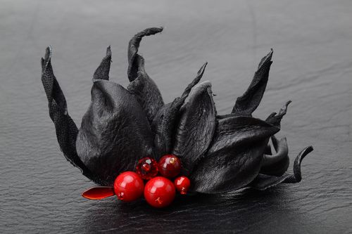Handmade womens black leather flower brooch with red beads - MADEheart.com