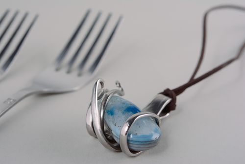 Homemade metal pendant made of cupronickel fork with blue stone - MADEheart.com