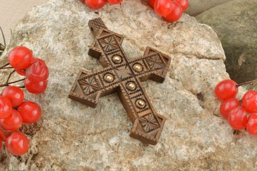 Wooden cross necklace with metal inserts - MADEheart.com