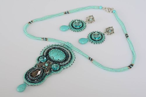 Handmade bead embroidered jewelry with howlite necklace and earrings set of 2 items - MADEheart.com