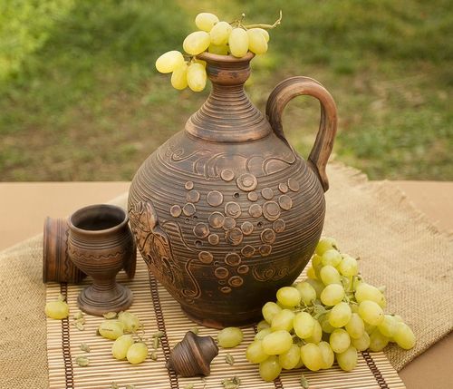 100 oz ceramic wine large carafe with molded decoration in Greek amphora style and lid 3,3 lb - MADEheart.com