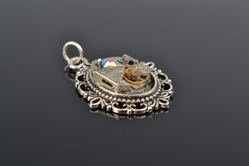 Small handmade metal steampunk pendant with clock mechanism Mirror of the Time - MADEheart.com