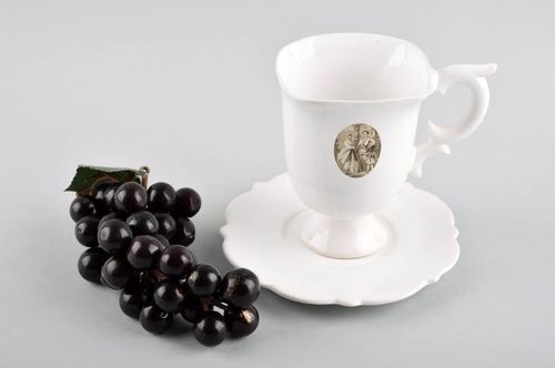 8 oz elegant white ceramic porcelain teacup with a handle on stand with saucer 0,82 lb - MADEheart.com