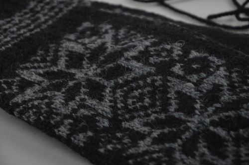 Dark gray warm homemade mens mitten knitted of sheep wool with ornaments  - MADEheart.com