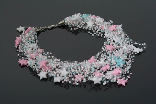 Beaded handmade airy necklace with stars stylish designer summer accessory - MADEheart.com