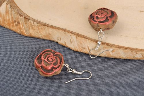 Handmade small brown ceramic dangling earrings painted with acrylics Flowers - MADEheart.com
