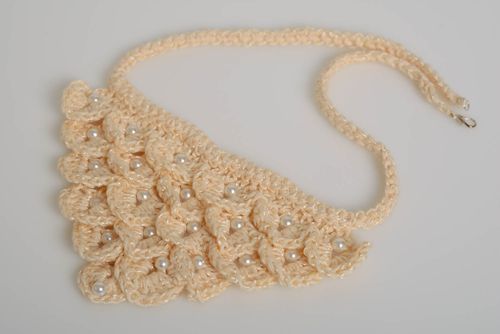 Crocheted handmade necklace made of acrylic yarn white artificial pearl beads  - MADEheart.com