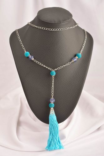 Beautiful handmade metal necklace bead necklace textile tassel pendant - MADEheart.com