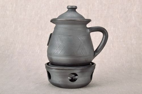 Extra large black color smoked clay 33 oz tea cup with heating unit and lid - MADEheart.com