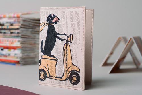 Handmade leather passport cover Dog Riding Moped - MADEheart.com