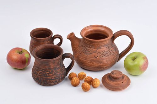 Clay handmade pottery set of a kettle and 2 (two) cups for home decor - MADEheart.com