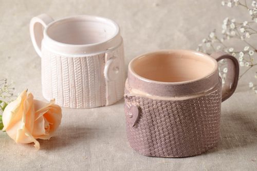 Set of 2 (two) large 12 oz porcelain cups in white and beige colors - MADEheart.com