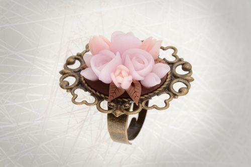 Handmade jewelry ring with figured metal basis and pink polymer clay flowers - MADEheart.com