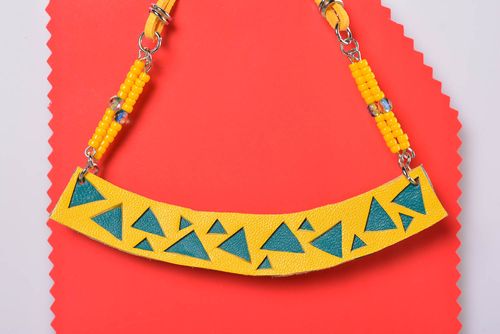 Yellow handmade leather necklace beaded necklace accessories for girls - MADEheart.com