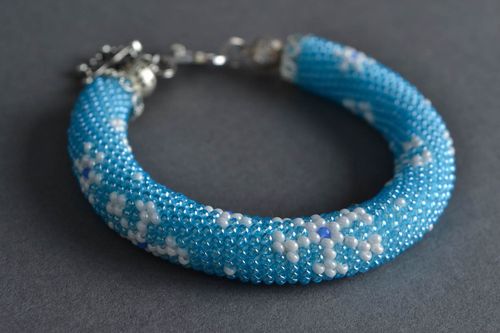 Beautiful handmade woven beaded cord bracelet of blue color with charm Snowflake - MADEheart.com