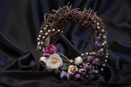 Beautiful bright handmade wicker door wreath with polymer clay flowers - MADEheart.com