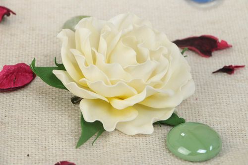 Handmade designer festive hair clip brooch with volume white foamiran flower - MADEheart.com