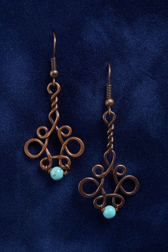 Big earrings made of copper using wire wrap technique with artificial turquoise - MADEheart.com