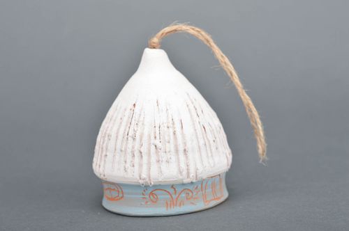 Handmade decorative small white painted ceramic bell with cord for hanging - MADEheart.com
