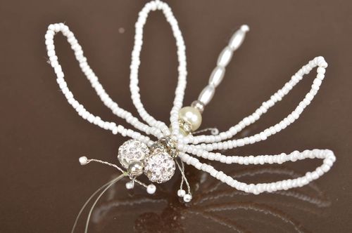 Handmade wall hanging decoration woven of seed beads white dragonfly souvenir  - MADEheart.com