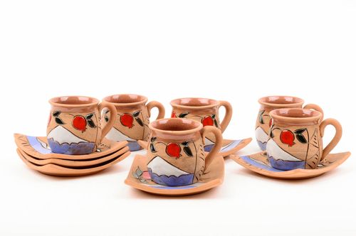 Set of 6 (six) clay coffee cups with saucers, handles, and floral green and red pattern  - MADEheart.com