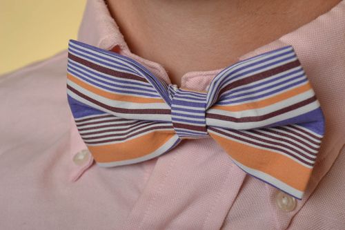 Unusual multicolored handmade designer striped fabric bow tie unisex - MADEheart.com