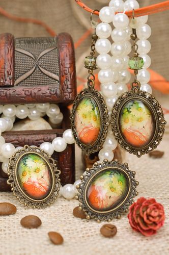 Set of handmade vintage jewelry on metal basis brooch ring and earrings  - MADEheart.com