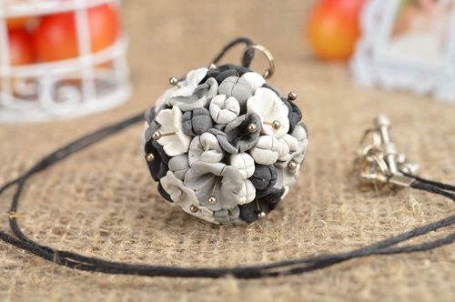 Handmade pendant made of polymer clay in form of grey flowers on cord - MADEheart.com