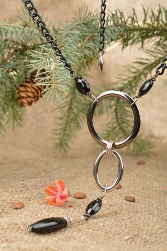 Unusual handmade black and silver colored metal necklace with beads and charm - MADEheart.com