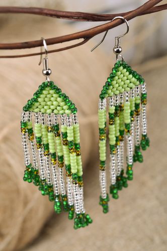Green handmade woven Czech bead long earrings in Orient style - MADEheart.com