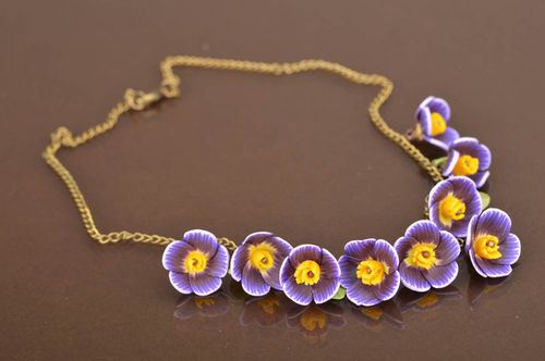 Handmade violet beautiful necklace with flowers made of polymer clay on chain  - MADEheart.com