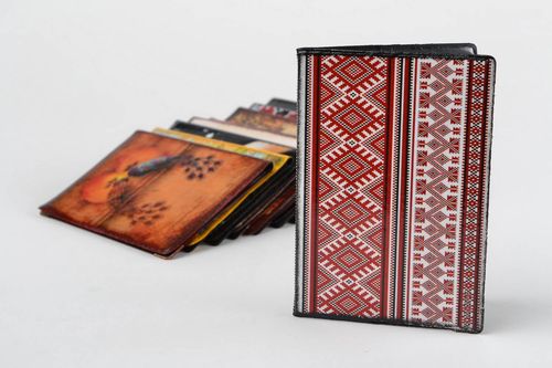Handmade faux leather passport cover with decoupage red and white ethnic pattern - MADEheart.com