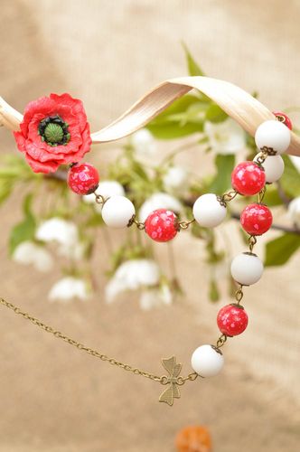 Beautiful handmade designer beaded necklace with plastic flower red and white - MADEheart.com