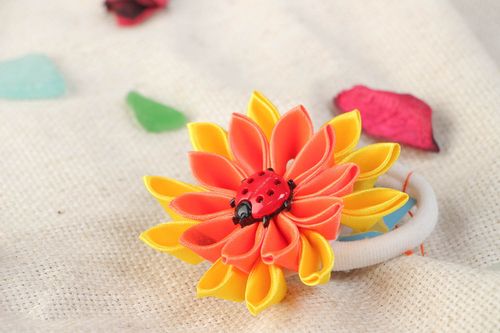 Handmade scrunchy with bright yellow and orange large flower made using kanzashi technique - MADEheart.com