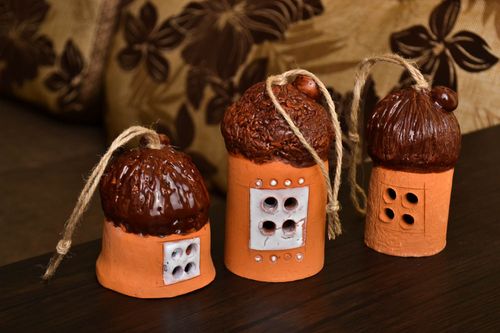 Handmade ceramic bell clay bells 3 pieces sculpture art decorative use only - MADEheart.com
